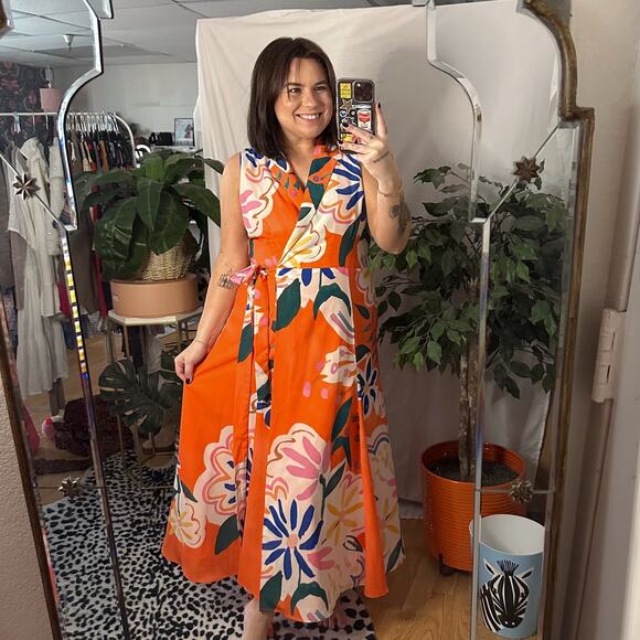 Hutch Floral Sleeveless Verona Wrap Midi Dress Orange Size Large - Picture 1 of 8